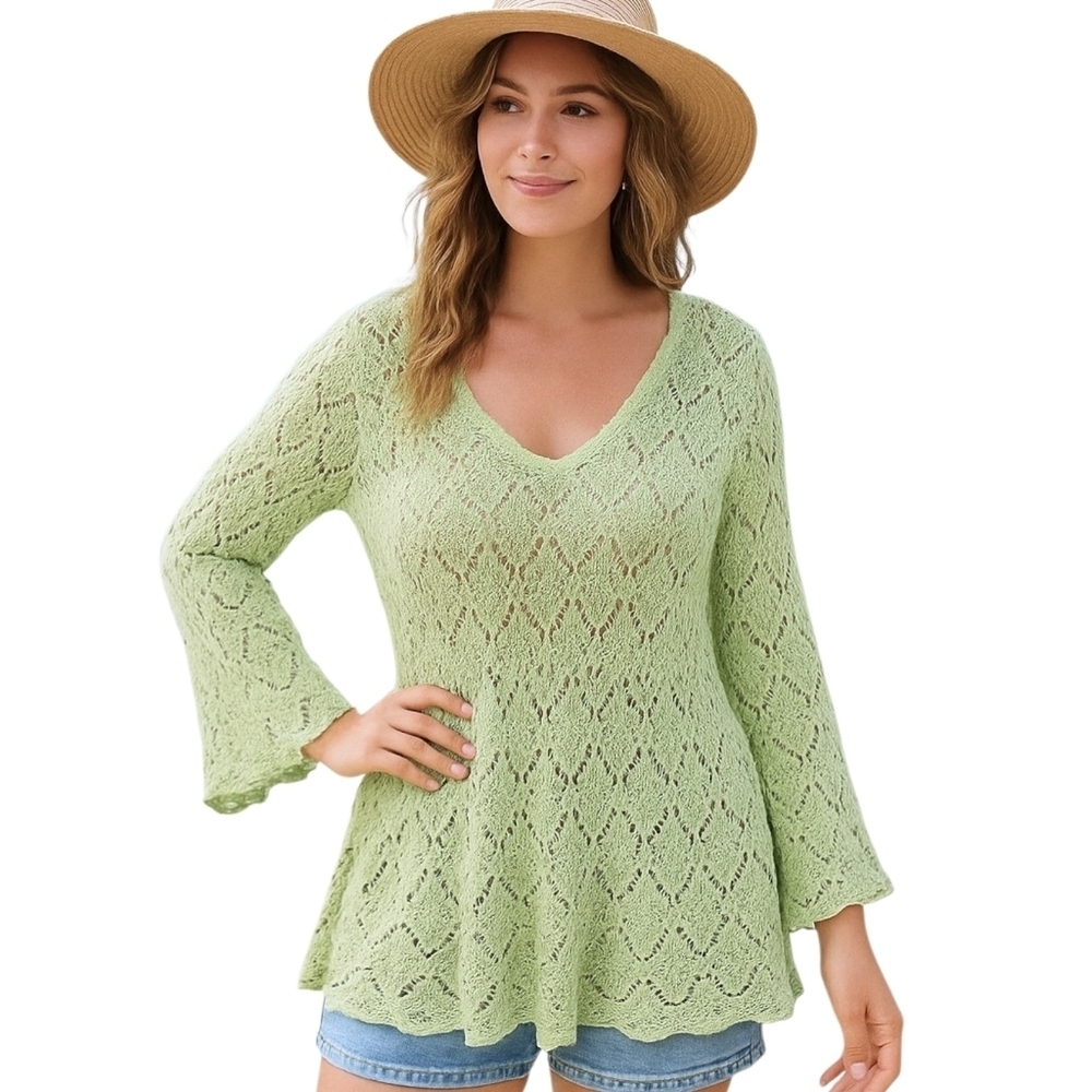 Jeanne Pierre XL Light Green Crochet Peplum Sweater Boho Cottagecore Coastal